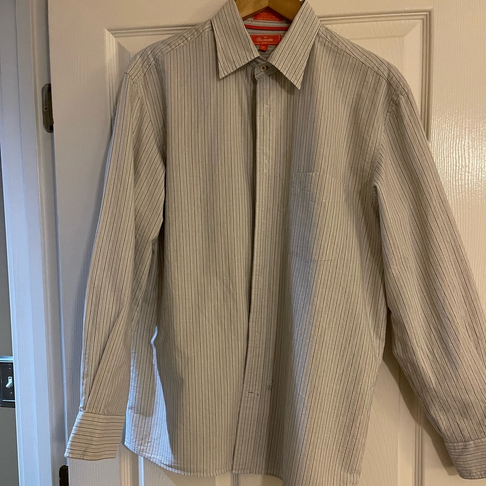 Facconable long sleeve dress shirt. Tan and gray striped.